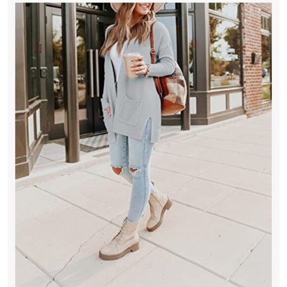 Merokeety Womens Large Long Sleeve Light Grey Knit Cardigan Sweater Pockets - Picture 4 of 14